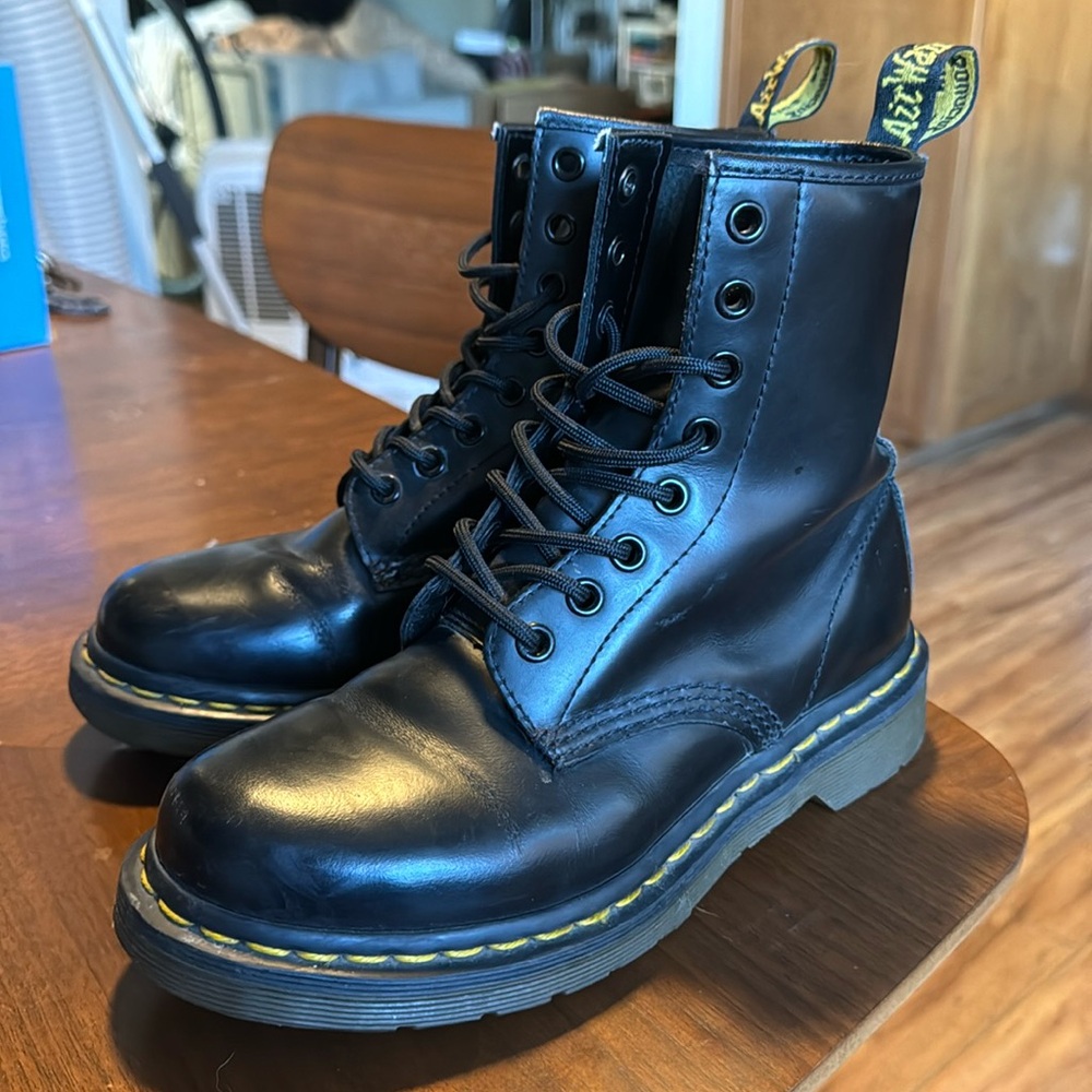 Dr. Martens Black Leather Lace-Up Boots with Yellow Stitching